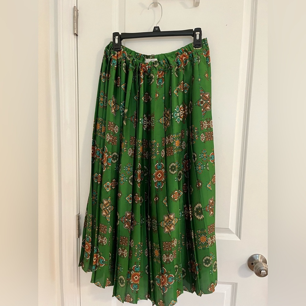 MNG Green Printed Pleated Midi Skirt
